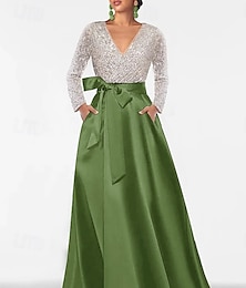 abordables -Robe de soirée trapèze à paillettes, élégante robe de soirée formelle pour invités de mariage, longueur au sol, manches longues, col en V, poche, satin avec fente pailletée 2025