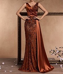 preiswerte -Meerjungfrauenschnitt Quinceanera-Kleider Elegant Kleid Formell Hochzeit Bodenlang Ärmellos V Ausschnitt Satin mit Schlitz 2025