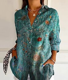 baratos -Mulheres Camisa Social Floral Gráfico Vintage Tropical Diário Manga Longa Colarinho de Camisa Tops regulares Trabalho Diário Feriado Botões Imprimir Azul Laranja Verde Verão Primavera
