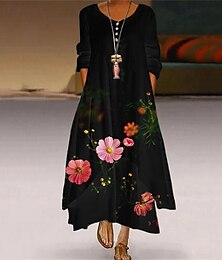 abordables -Femmes Robe Longue Maxi Robe Robe Décontractée Robe Imprimée Élégant Mode Classique Extérieur Vacances Fête Coupe régulière Fleur manche longue Col en V Noir Vert Été Printemps