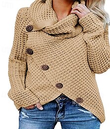 preiswerte -Damen Pullover Lässig Einfarbig Gerippt Rollkragen Knöpfe Gestrickt Langarm Normale Oberteile Stricken Ausgehen Wochenende Khaki Grau Herbst