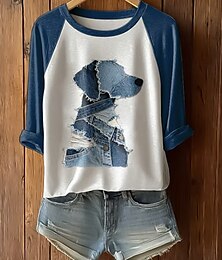 economico -Per donna Maglietta Grafico Animale Cane Vintage Elegante Classico Manica Lunga Girocollo Top lunghi Quotidiano Stampato Blu Azzurro Estate Primavera