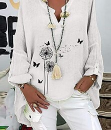 economico -Per donna Camicie di cotone e lino Floreale Essenziale Casual Manica Lunga Colletto a Camicia Top Regolari Quotidiano Stampato Bianco Rosa Blu marino Viola Estate Autunno