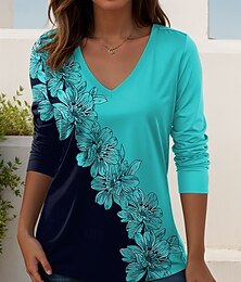 abordables -T-shirt femme à manches longues col en V tunique graphique floral plantes vintage élégant classique hauts quotidiens sortie week-end imprimé vert clair bleu ciel violet vert printemps automne