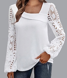 economico -Bluse Eleganti in Pizzo Bianco per Donna con Occhielli Blusa Casual Colore Unito Top Regolari a Maniche Lunghe Patchwork in Pizzo Asimmetrico Fit Regolare Giornaliera Nera Bianca Rosa Romantica