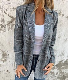 abordables -Mujer chaqueta Cómodo Bolsillo Moda Pata de gallo Trabajo Calle Botonadura Simple Regular Cuello Vuelto Ajuste regular Manga Larga Ropa de calle Marrón Gris Otoño Invierno