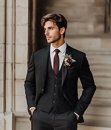 abordables -De los hombres Boda Trajes Negro Moda Formal Color sólido Estándar Juego de 3 piezas Recto 1 botón