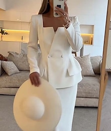 abordables -Robe Deux Pièces Sirène  Trompette Robe Mère de la Mariée Élégante Ensemble Robe Peplum Simple Minimaliste Col Carré Longueur Thé Crêpe Tissu Élastique Manches Longues avec Couleur Unie