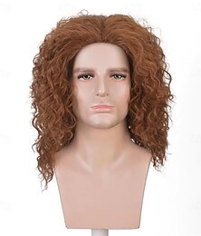 economico -Parrucche ricce castane per uomo, lunghe, castane, ondulate, naturali, morbide, di media lunghezza, sintetiche, per cosplay, film, giochi, costumi, feste di Halloween, tutti i giorni