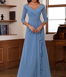 abordables -Vestidos de invitada de boda en A elegante vestido invitada de boda compromiso largo hasta el suelo manga de 3/4 escote en V gasa con pliegues fruncidos con cuentas