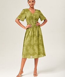 economico -Per donna Abito Elegante Verde Manica Corta Jacquard Jacquard Primavera & Estate Scollo a V Abito elegante Vacanza Data S M L