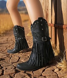 preiswerte -Damen-Western-Cowboystiefel mit Fransen – hellbraune, mit Sternen besetzte Stiefel aus Wildlederimitat bis zur Wadenmitte mit Schnalle für Rodeo, Country-Konzerte oder Herbstfestivals