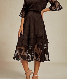 abordables -Femmes Jupe Élégant Midi Taille Moyenne Jupes Floral Superposé Non Elastique Soirée Décontracté Marron Été Chiffon