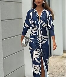 ieftine -Pentru femei Rochie Mini Rochie teacă Vacanță Casual Boho În aer liber Ieșire Plajă Zvelt Floral Grafic Manșon Lung În V Albastru piscină Portocaliu Vară Primăvară