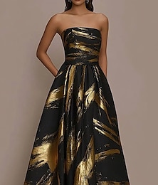 economico -Abiti cocktail A-Line stampa nera e oro abito elegante formale matrimonio lunghezza tè senza maniche senza spalline in satin con tasche