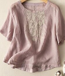 economico -Per donna Camicie di cotone e lino Tinta unica Elegante Essenziale Casual Manica Corta Girocollo Top Regolari Quotidiano Ricamato Rosa Viola Albicocca Estate Primavera