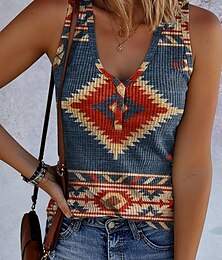 economico -Per donna Canotta a canotta Grafico Geometrico Vintage Elegante Etnico Senza Maniche Scollo a V Top Regolari Quotidiano Stampato Rosso Blu Blu turchese Estate Primavera