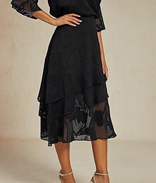 voordelige -Dames Rok Elegant Midi Medium Taille Rokken Flora Meerlaags Inelastisch Feest Causaal Zwart Zomer Chiffon