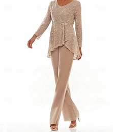 preiswerte -Hosenanzug 3 Teile Brautmutter Kleid Elegant Rundhalsausschnitt Bodenkissend Chiffon Langarm mit Spitzenrüschen