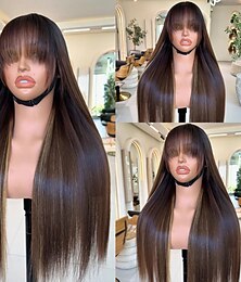 abordables -Perruque Cheveux Naturel Rémy 5x5 Fermeture dentelle frontale 13x4 Cheveux vietnamiens Lisse Marron Multicolore Avec frange Femmes Densité 130% 150% we say baby hair Cheveux Mèches / Balayage 100
