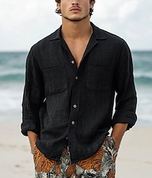 economico -Per uomo Camicia Camicia di lino Camicia casual Camicia con Bottoni Camicia di cotone Semplice Vacanza Camicia hawaiana Nero Manica Lunga Bavero Primavera Autunno Abbigliamento Tasca