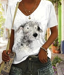 abordables -Mujer Camiseta Graphic Animal Perro Vintage Elegante Clásico Manga Corta Escote en Pico Tops regulares Diario Noche Fin de semana Estampado Blanco Amarillo Rosa Rojo Azul cielo Verano Primavera