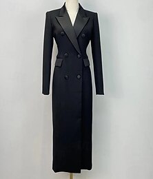 economico -Abito blazer madre della sposa abito smoking elegante con colletto camicia lungo fino alla caviglia in satin maniche lunghe con bottoni colore solido