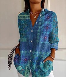 preiswerte -Damen Hemd Blumen Grafik Vintage Ethnisch Langarm Hemdkragen Normale Oberteile Täglich Ferien Knöpfe Druck Blau Frühling Herbst