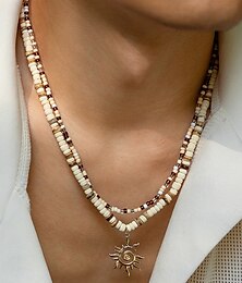 economico -Collana con ciondolo a forma di sole con perline tribali da uomo – gioielli retrò bohémien a strati con lunghezza regolabile per spiaggia, festival e abiti estivi casual