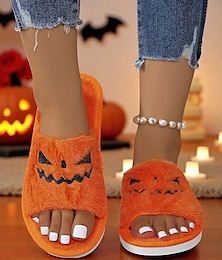 abordables -Pantuflas peludas de Halloween para mujer: sandalias negras de felpa con diseño de cara de calabaza para acogedoras noches de otoño y fiestas. &ropa de interior