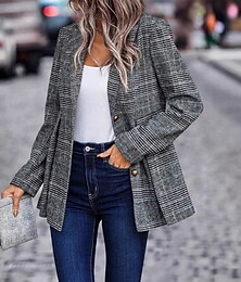 abordables -Mujer chaqueta Cómodo Botones Moda Plaid Calle Fin de semana Botonadura Simple Regular Cuello Vuelto Ajuste regular Manga Larga Ropa de calle Negro Otoño Invierno