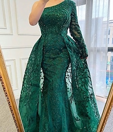 preiswerte -A-Linie Abendkleid Elegant Kleid Formell Hochzeit Bodenlang Langarm Ein-Schulter Spitze mit Paillette 2025