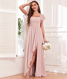 economico -Abiti da sposa a linea A scollo quadrato maniche corte lunghezza fino a terra chiffon abiti da sposa con pieghe colore solido