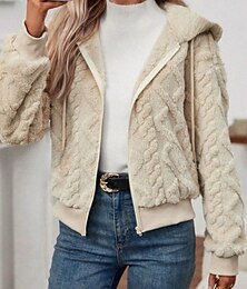 levne -Dámské Teddy Coat Mikina s kapucí Zahřívací Pohodlné Zip Na běžné nošení Bez vzoru Venkovní Dovolená Jdeme ven Zip Standardní Kapuce Běžný Dlouhý rukáv Svrchní oděvy Černá Bílá Světlá růžová Podzim