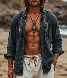 economico -Per uomo Camicia Camicia di lino Stile vichingo Camicia Estiva Abbigliamento da spiaggia Patchwork Vacanza Streetwear Blu marino Manica Lunga Colletto a Camicia Estate Primavera Abbigliamento