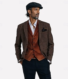 economico -Blazer in tweed da uomo, giacca a spina di pesce, blazer in lana retrò vintage marrone, vestibilità standard, monopetto, due bottoni