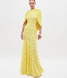 economico -Sirena / Tromba Abito da Sera Elegante Vestito Formale Matrimonio Lunghezza al pavimento Manica Corta Collo Alto Pizzo con Scialle 2025