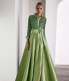 abordables -Robe de soirée trapèze élégante robe formelle de mariage invité longueur au sol manches longues col chemise satin avec broderie fendue pailletée 2025