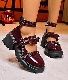 preiswerte -Gothic-Plateau-Mary-Jane-Schuhe für Damen – klobige Absätze aus braunem Lackleder mit Ketten und Nietenriemen für Halloween-, Cosplay- und Punkrock-Outfits