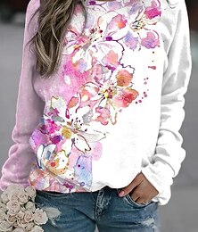 abordables -Mujer Sudadera Floral Graphic Casual Manga Larga Cuello Barco Tops regulares Calle Casual Festivos Estampado Rosa Azul Piscina Azul Oscuro Primavera Otoño Invierno