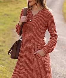 abordables -Femmes Mini Robe Robe Pull Occasionnel Occasionnel Coupe régulière Uni manche longue Col en V Noir Marron Vert Gris Automne Hiver