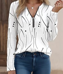baratos -Mulheres Camiseta Gráfico Poá Elegante Vintage à moda Manga Longa Decote V Tops regulares Diário Final de semana Zíper Imprimir Branco Amarelo Azul Roxo Verão Primavera