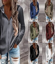 abordables -Mujer Cárdigan Casual Color sólido Croché Con Capucha Cremallera De Punto Manga Larga Tops regulares Tejer Exterior Festivos Fin de semana Negro Blanco Otoño