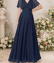 economico -Abiti da Sposa per Ospiti A-Line Elegante Abito per Ospiti di Matrimonio Fidanzamento Lungo Maniche Corte Collo a V in Chiffon con Pieghe Ruching
