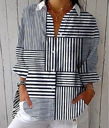 economico -Per donna Camicia Grafico Geometrico A righe Vintage Tropicale Quotidiano Manica Lunga Colletto a Camicia Top Regolari Lavoro Quotidiano Ferie Bottoni Stampato Blu marino Estate Primavera Autunno