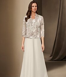 abordables -Ligne A Trois Pièces Robe de Mère de Mariée  Élégant Simple Occasionnel Col Bateau Longueur cheville Chiffon manche longue avec Dentelle 2025