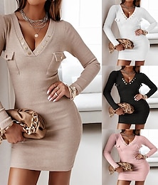 halpa -Naisten Mini mekko Bodycon mekko Puolimuodolliset mekot Toimisto Normaali Tavallinen Pitkähihainen V kaula-aukko Musta Valkoinen Punastuvan vaaleanpunainen Khaki Kevät Syksy