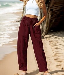 economico -Per donna Pantaloni in cotone e lino Essenziale Lunghezza intera Vita Alta Semplice Tasca Comodità All'aperto Micro-elastico Vacanza Streetwear Casual Rosa Vino Blu marino Verde Estate Primavera