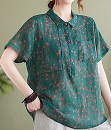 abordables -Femmes Chemises en coton et lin Fleuri Basique Occasionnel Manche Courte Col de chemise Hauts Réguliers Quotidien Boutons Imprimé Bleu Vert Été