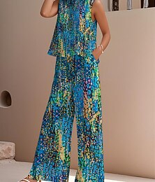 economico -Completo due pezzi elegante da donna, stile streetwear, con camicetta, gilet, pantaloni, senza maniche, girocollo, casual, da lavoro, per attività all'aperto, con stampa floreale, per le vacanze, vintage, per tutti i giorni, blu, viola, fucsia, estivo, ve